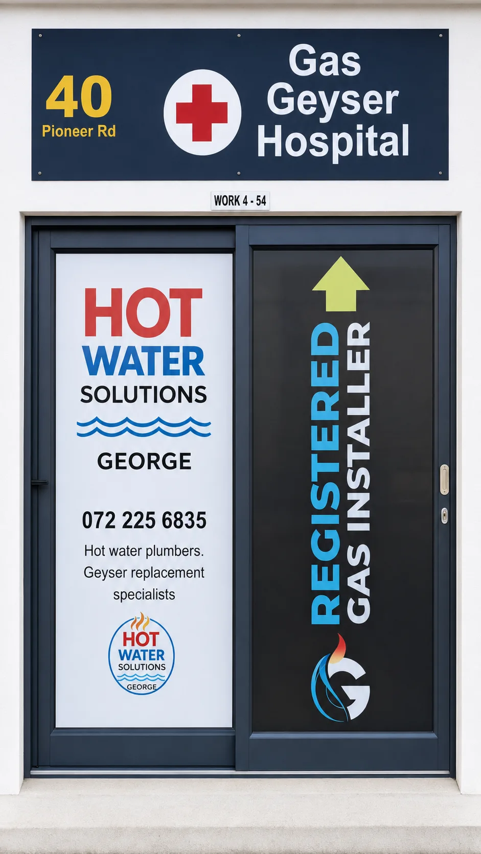 Gas Geyser Hospital sign at the GasCraft George workshop in Pacaltsdorp Industrial, where gas geysers are diagnosed and repaired in George