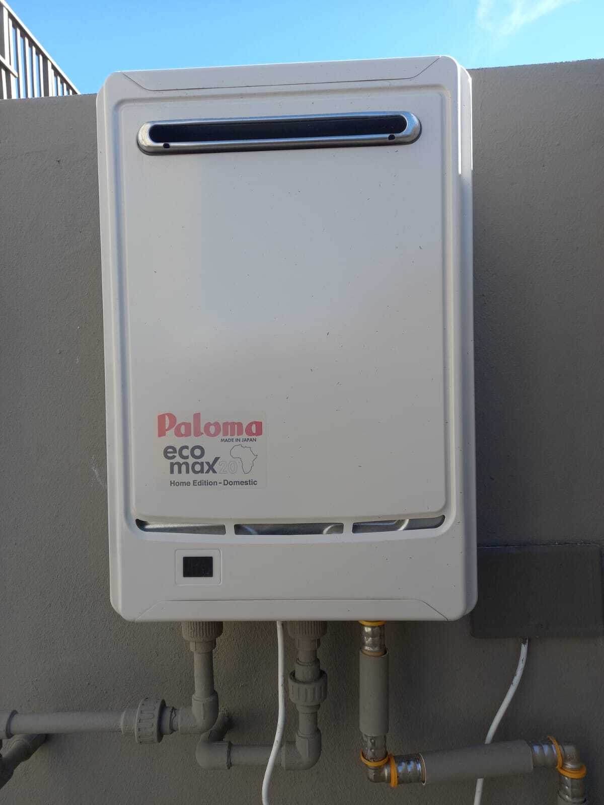 Paloma eco max 20 gas geyser installed on a grey wall by GasCraft George in George