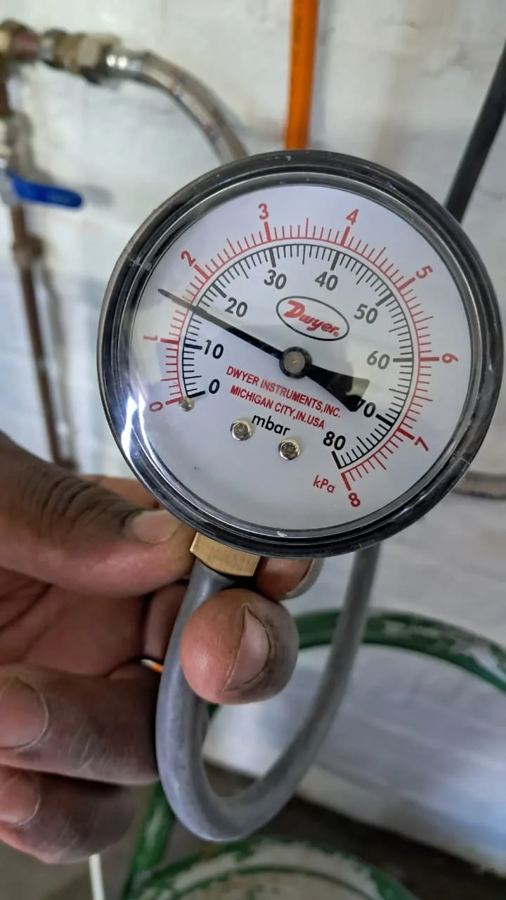Pressure gauge used to diagnose gas pressure problems on a gas geyser installation in George